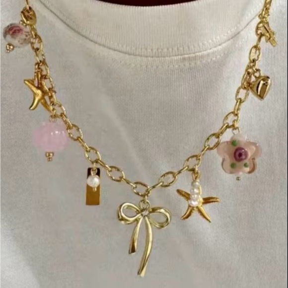 Stainless Steel Starfish Flower bow Charm Pendant Golden Color Necklace - Picture 1 of 3